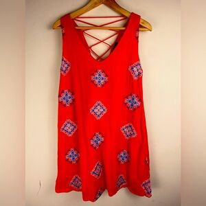 Miss Me Orange Sleeveless Shirt Dress Pockets Embroidered Women's Size M BOHO